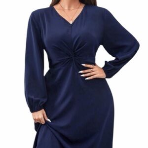🆕Elegant Navy Long Sleeve Twist-Front Dress